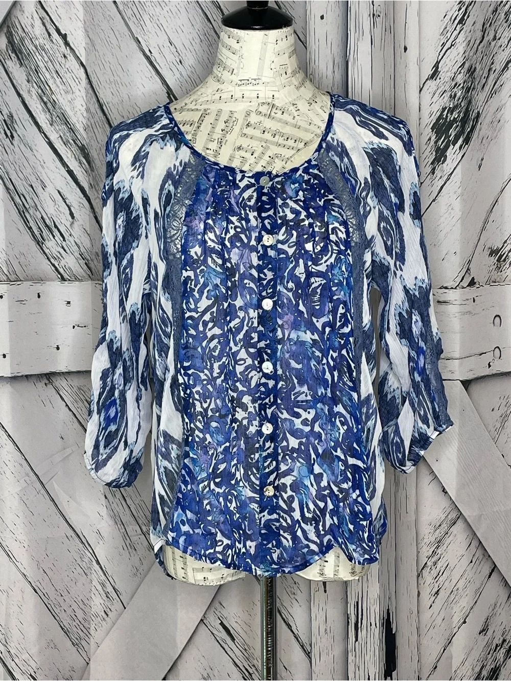 NWT Fig & Flower Lace Trimmed Floral Button Up Peasant Top Blue Cottage S